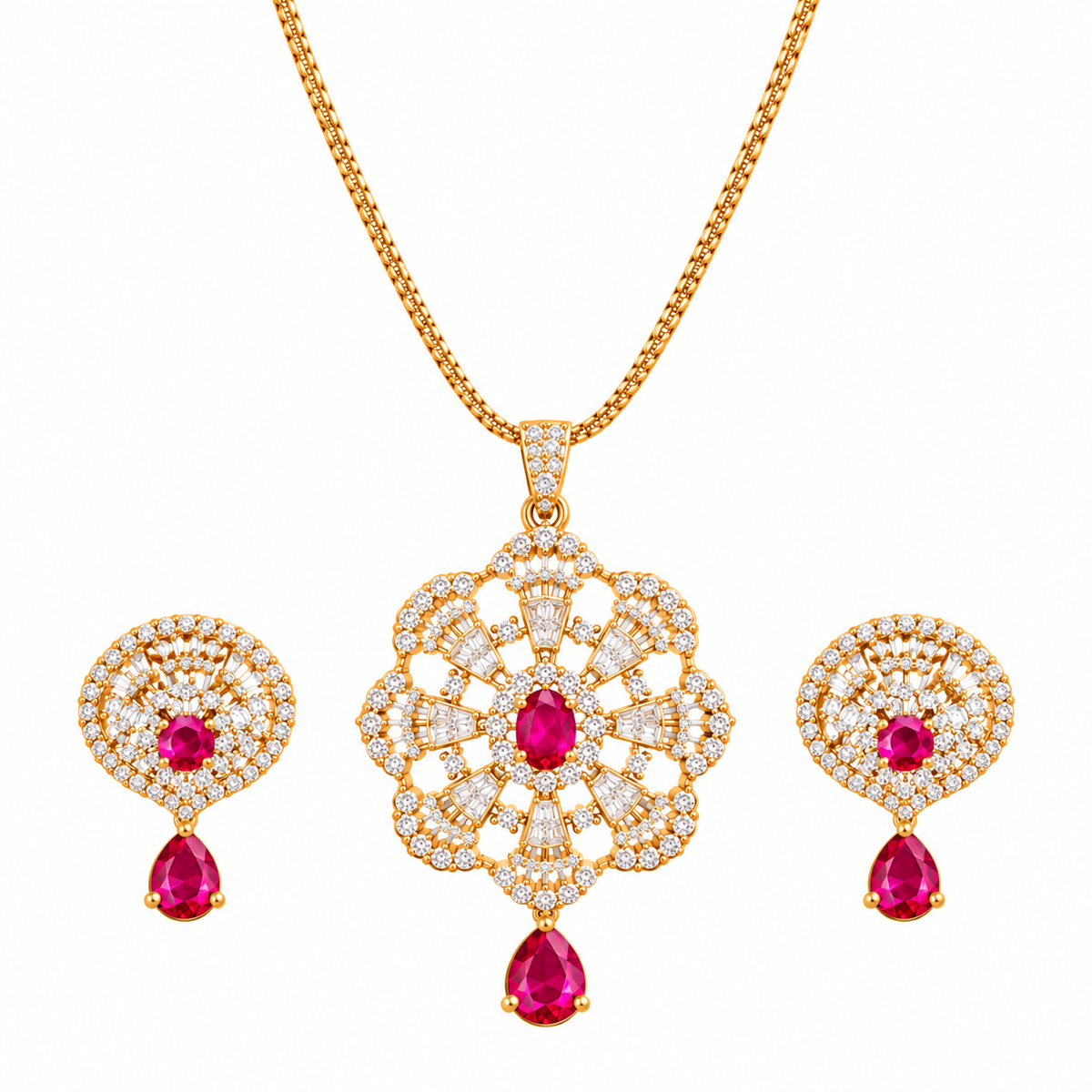 red Ruby Royale – Luxury Pendant & Earrings Set