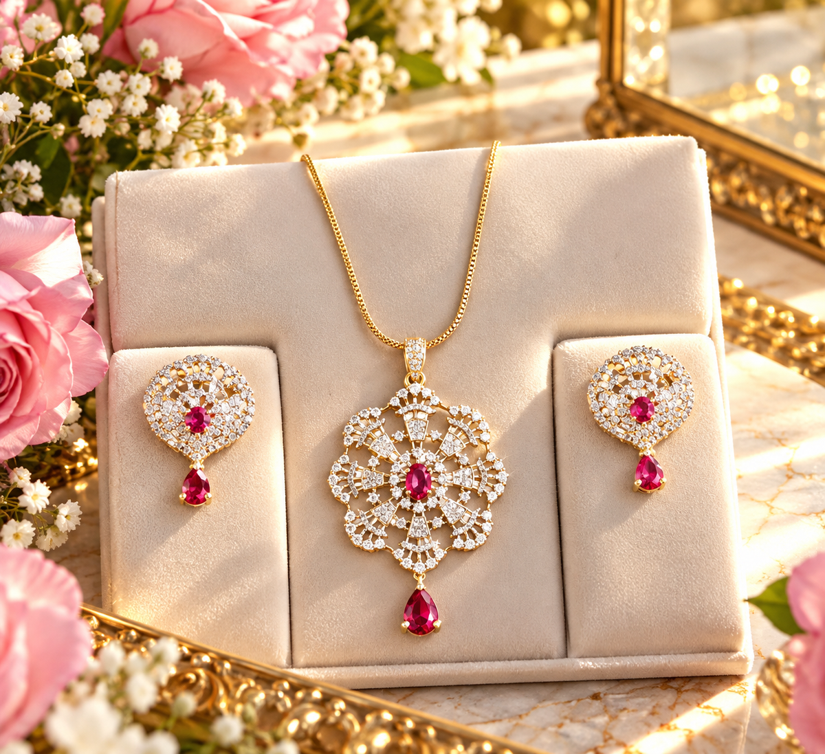 red Ruby Royale – Luxury Pendant & Earrings Set