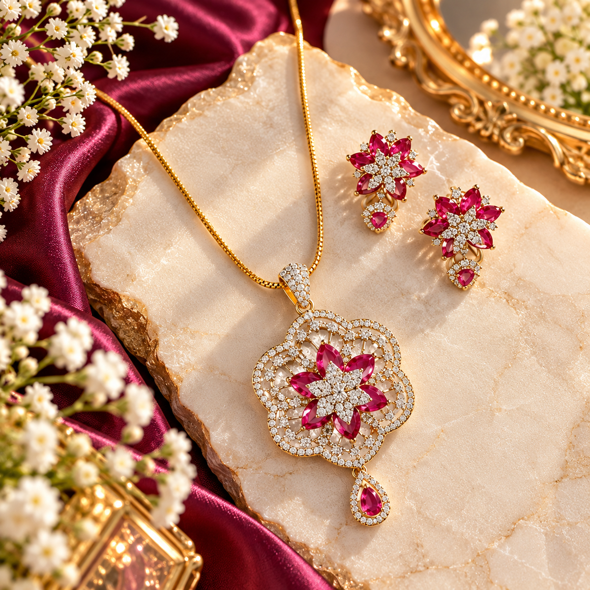 Royal Ruby Blossom Luxury Pendant Set