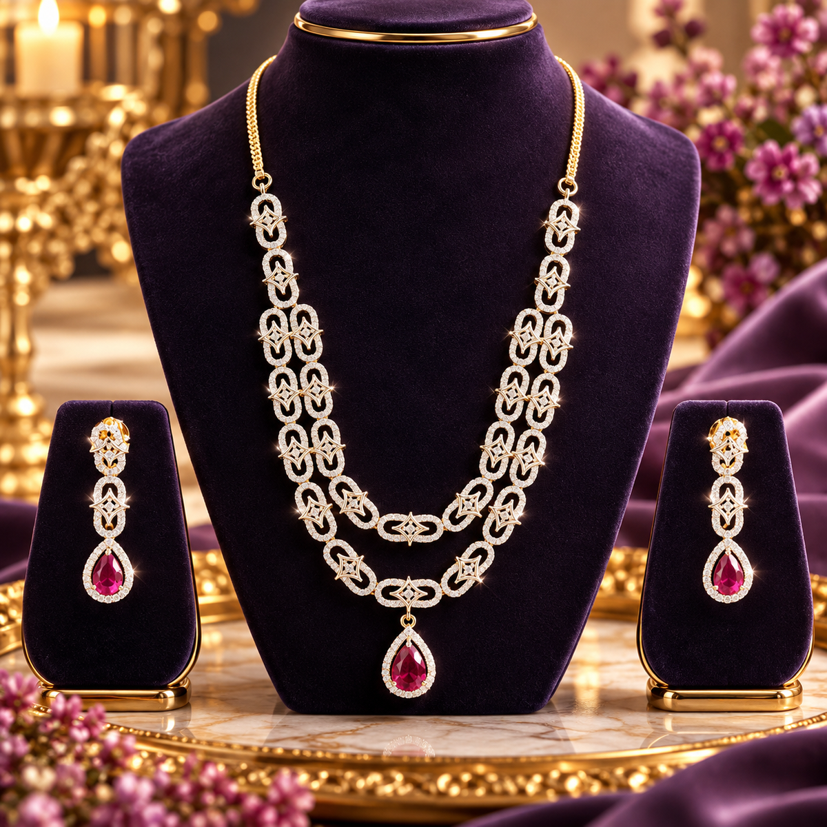 Ruby double step BRILLANCE necklace set